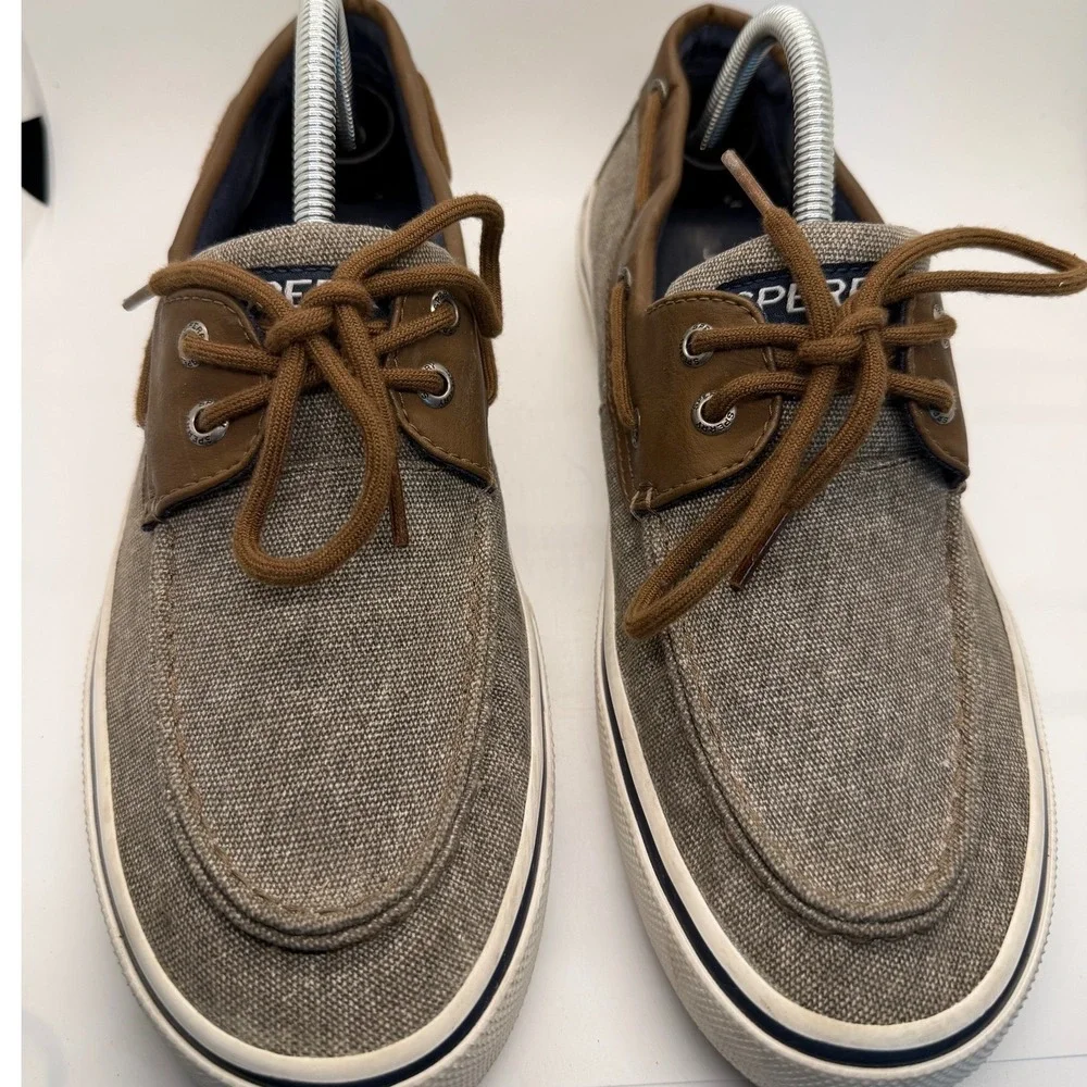 Sperry Bahama II Boat Shoes Mens 9 Brown Tan Canvas Leather Sneakers STS21489